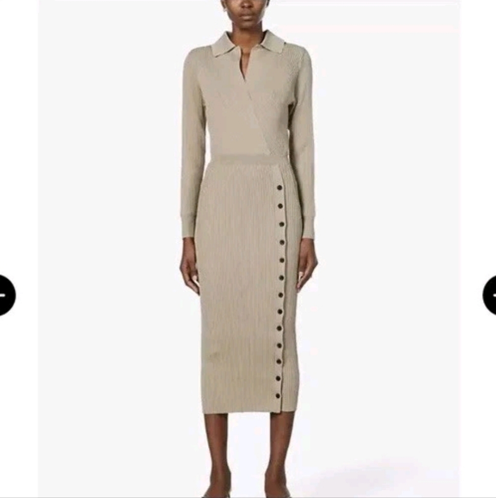 NWT Sz L Self-Portrait Elegant Tan Long Sleeves, Ribbed Knit Midi Dress